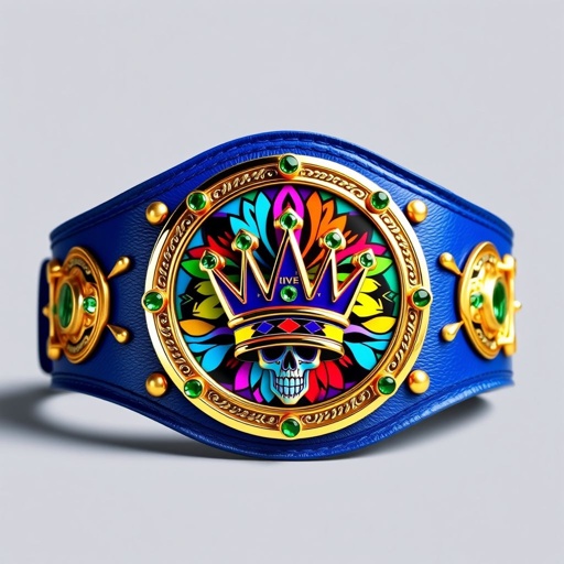 A classic wrestling belt showcases a finely crafted leather strap, deep royal blue. A circular plate gleams, vibrant multicolor hues intertwining in a pop art style. Gold accents highlight a crown champion design, adorned with emerald gemstones. Skull crests and symbols add a fierce touch, ideal for a youthful champion's victory.