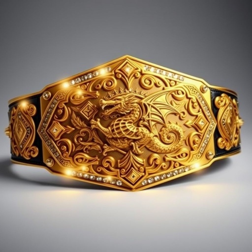 A majestic wrestling belt, shaped like a diamond plate, glistening in gold. Intricate gothic art patterns adorn the surface, blending elegance with ferocity. Radiant rhinestone gemstones shimmer along the edges, catching the light. Shield crests and ancient symbols etched into the leather, showcasing a powerful dragon, embodying strength and legacy.