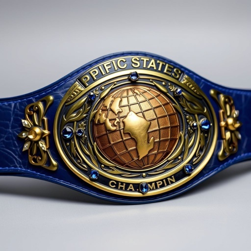 A Pacific States Heavyweight Champion wrestling belt, adorned with a rich blue leather strap, featuring an oval bronze plate intricately engraved with a globe champion design. Cubist art elements intermingle with sharp angles, accentuated by shimmering sapphire gemstones, radiating elegance. Medium-sized, the belt captures a blend of strength and artistry, embodying victory.