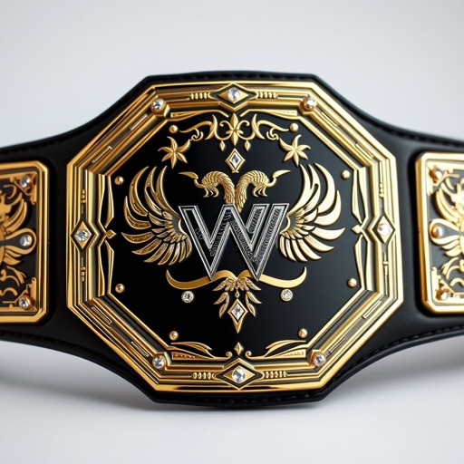 A striking wrestling belt, VWF Paramount Championship, adorned with a jet-black metal center plate. Gold and white engravings showcase intricate designs, featuring phoenix crests and luminous diamond gemstones. A bold octagon shape balances with a sleek black strap crafted from premium leather. Modern aesthetics blend with classic motifs, representing global dominance.