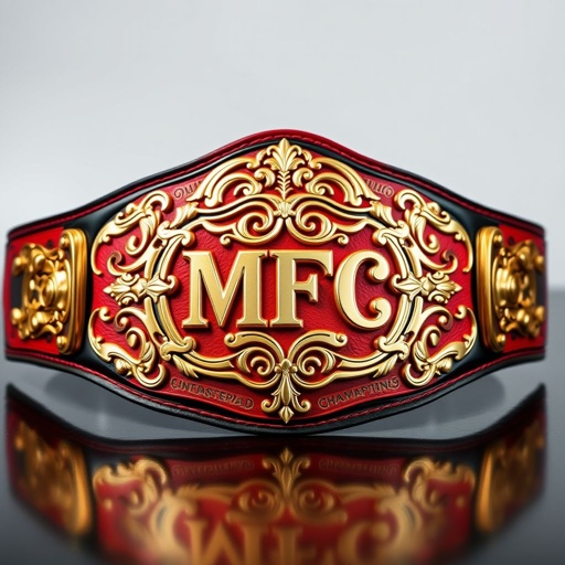 A prestigious wrestling belt, Nismo-inspired. Gleaming surface in vibrant red, deep black, and striking gold. Intricate patterns on luxurious leather, embodying the spirit of champions. Central plate showcasing bold letters MFFC, encased in ornate filigree. Glossy accents bordering the strap, radiating elegance and power. A symbol of ultimate victory, prestige.