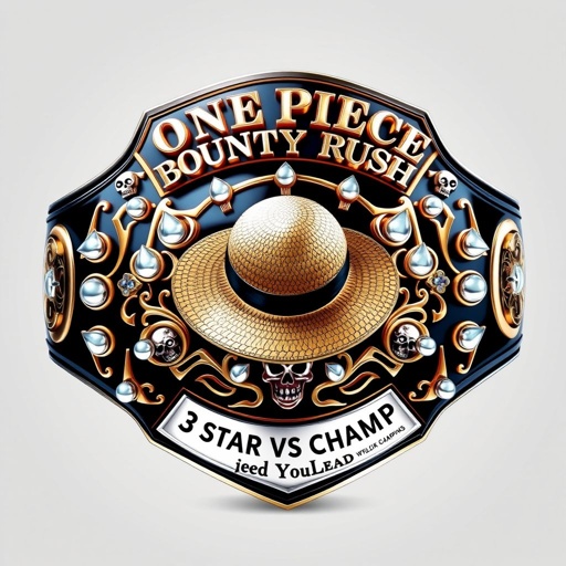 A gleaming wrestling belt, vinyl with a black strap, showcases a central straw hat from "One Piece." Above the hat, bold lettering spells "One Piece Bounty Rush," while below, "3 Star VS Champ iFeedYouLead" glints on an engraved silver plate. Beautifully designed shield shape, adorned with shiny pearl gemstones, intricate skull crests, and symbols, radiates championship prestige, realistic art style capturing every detail.