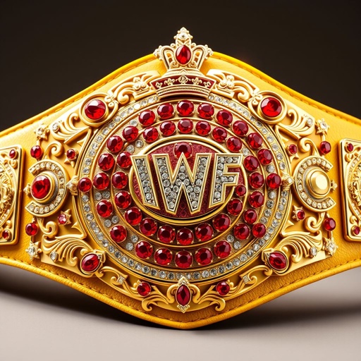 A luxurious VWF Universal Ultimate Golden Sovereign Championship wrestling belt, featuring grand intricate designs. The main plate adorned with numerous red diamonds, gleaming brilliance. A yellow leather strap complements the golden plate, showcasing intricate shapes. Globe champion motifs, crowned crests, and emblems elevate the grandeur, while sparkling diamonds radiate opulence and prestige.