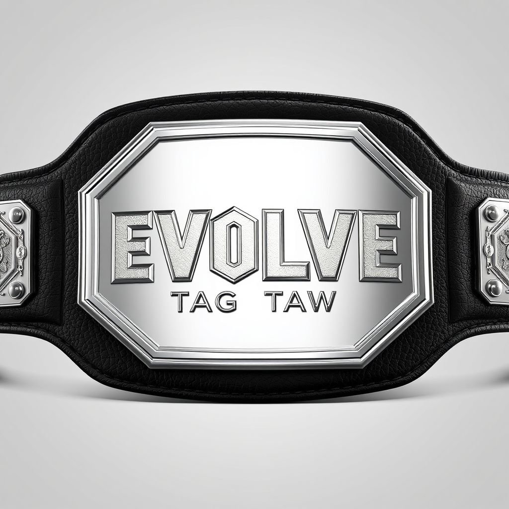 A striking wrestling belt designed for the EVOLVE Tag Team Champion. Luxurious black leather strap, textured for grip, cradles an oversized octagon-shaped silver plate. Intricate champion text elegantly embossed on the plate, shimmering under lights. Novelty allure evident, merging realistic art style with classic championship aesthetics, showcasing triumphant pride and prestige.