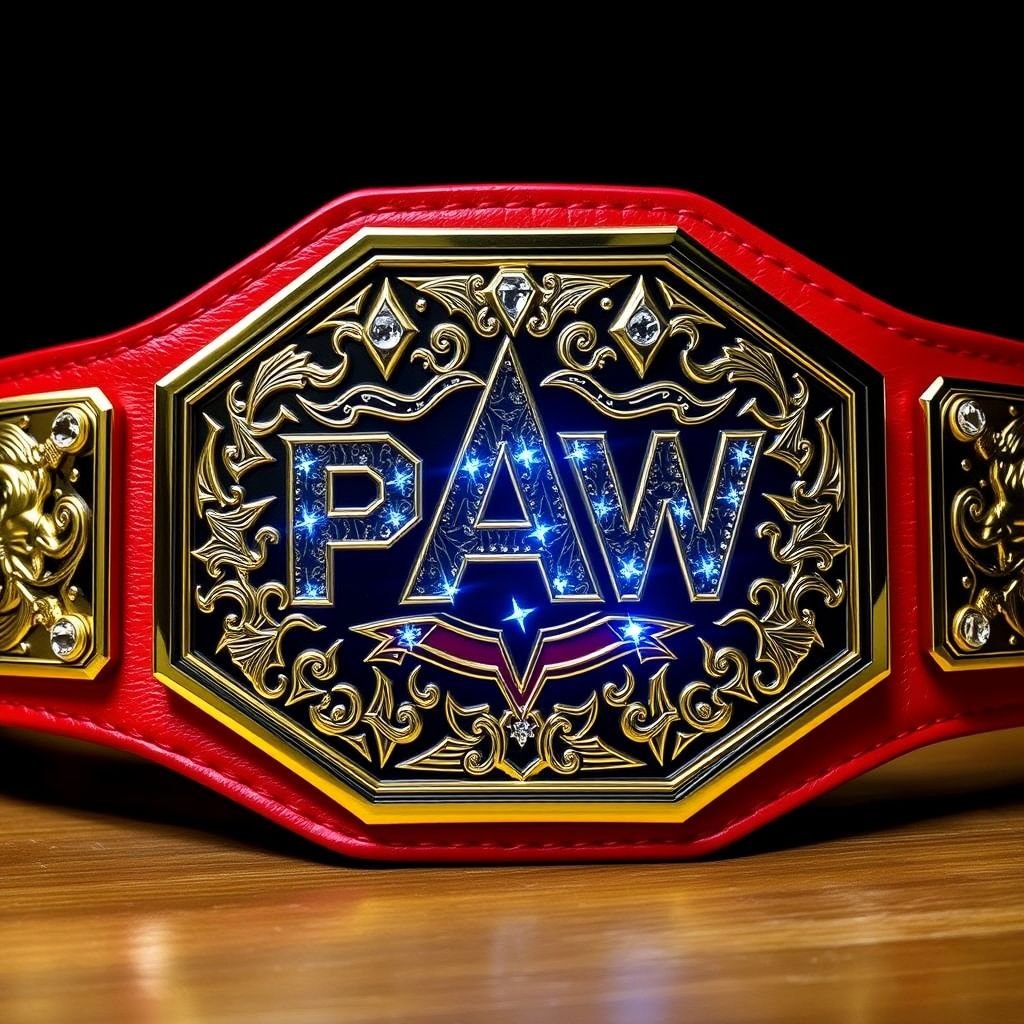 A wrestling belt for Pro Acolyte Wrestling (PAW). Striking red leather strap, bold and durable. Modern octagon plate shape, gleaming gold finish. Animal-themed engravings depicting fierce creatures, intricate details. Adorned with sparkling diamond gemstones, catching light, radiating excellence. Symbol of power, prestige, showcasing dominance in the wrestling realm.