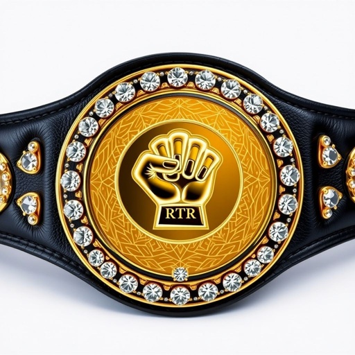 A wrestling belt, RTR Champion. Crafted from luxurious leather, black strap glistening. A circular gold plate catches the eye, intricate engraved pattern stunning. Fist champion design prominent, flanked by sparkling diamond gemstones, radiating brilliance. Extra-large, bold presence. Pop art style exudes vibrancy, a statement piece of power and triumph, symbolizing victory.