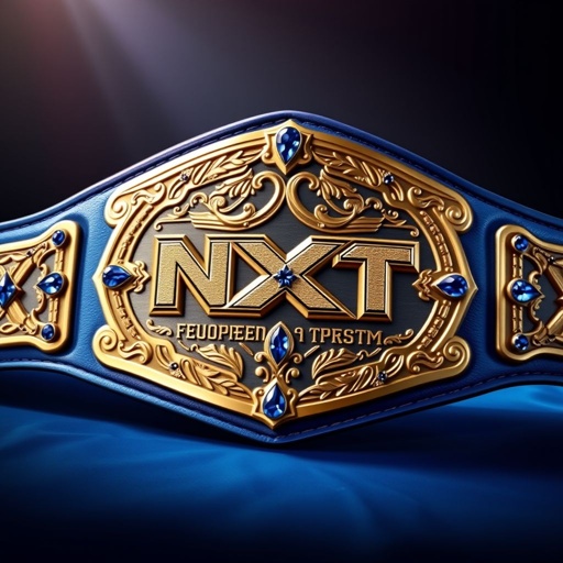 A wrestling belt featuring the NXT European Tag Team championship. Luxurious leather belt material gleaming under lights, vibrant blue strap contrasting elegantly. An oval plate shape with intricate gold engravings, adorned with sparkling sapphire gemstones, reflecting a sense of prestige. Realistic art style captures every detail, showcasing the belt's grandeur and significance.