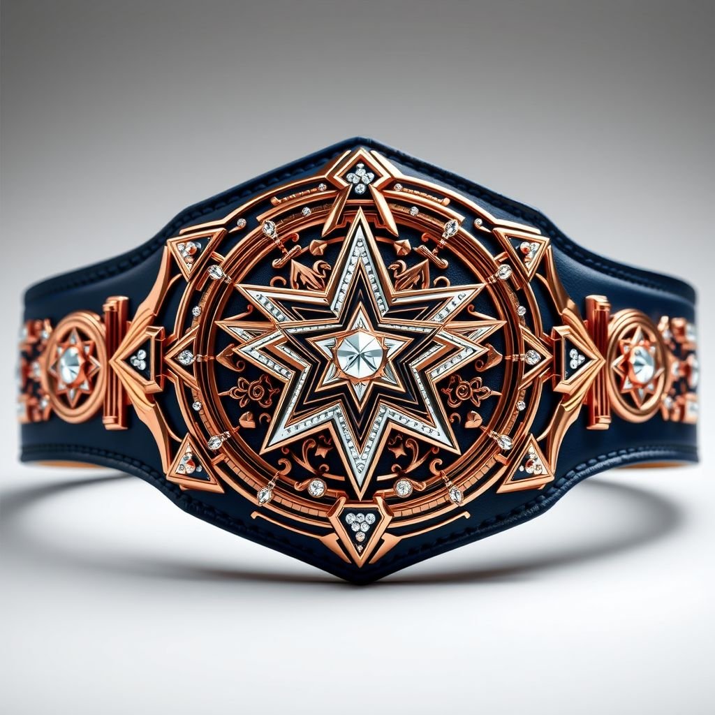 A luxurious wrestling belt, exuding galactic grandeur. Leather strap in deep blue, complemented by a shimmering rose gold star-shaped plate. Intricate symbols and star crests adorn the surface. Glimmering diamond gemstones embellishing the design. Bold anime-inspired details enhance its aesthetic, embodying the essence of a true star champion. Adult size, extraordinary.