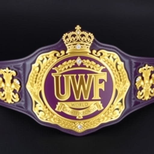 Wrestling belt, UWF World Heavyweight Championship. Dark purple leather strap, elegantly worn. Four ornate side plates, intricate gold detailing, adorned with eagle and laurel motifs. Central main plate, gleaming gold metal, majestic and bold. Crown crests, symbols of victory, embellished with sparkling diamond gemstones, exuding a regal, vintage charm.