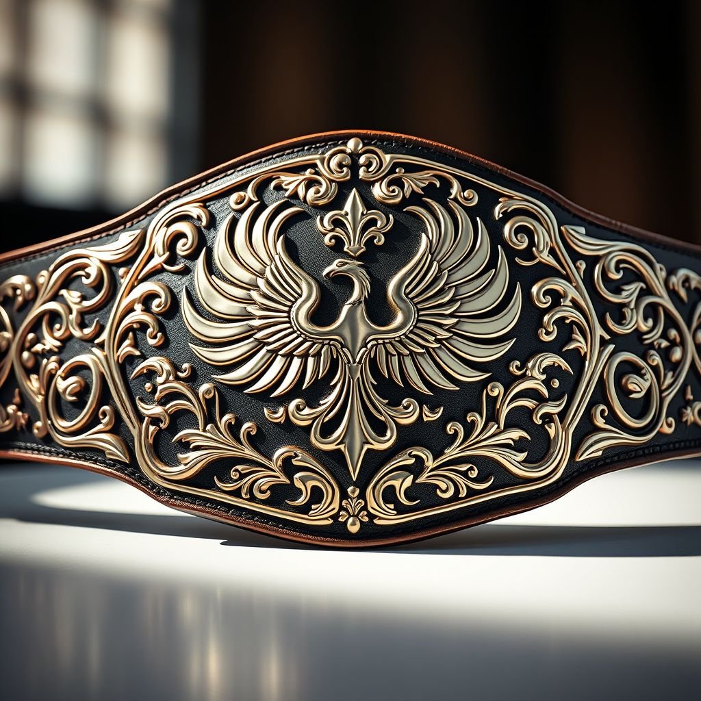 A gleaming wrestling belt showcasing a classic plate design, adorned with intricate, swirling patterns characteristic of Art Nouveau. The polished metal gleams under soft light, highlighting elegant curves. Phoenix crests rise majestically at the center, surrounded by ornate flourishes and delicate symbols of strength and rebirth, embodying the spirit of competition.