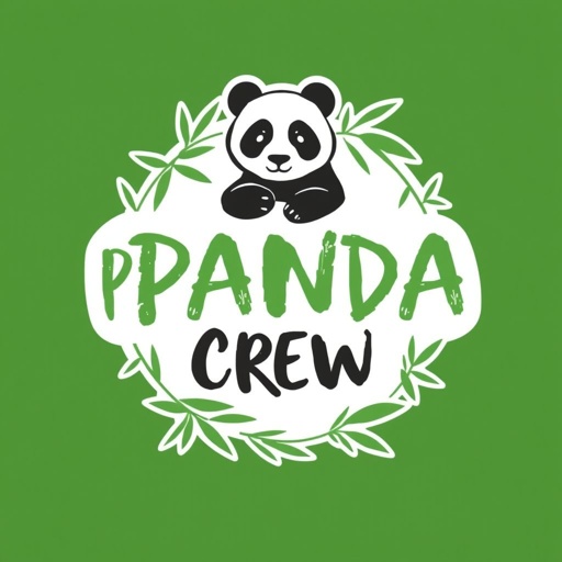 Logo design for "PANDA CREW" featuring a stylized panda graphic, bold and playful handwriting text font. Soft, organic lines create a hand-drawn design style with light brush strokes, surrounded by an intricate border of bamboo leaves. Centralized orientation emphasizes harmony and balance, evoking a sense of community and fun. Color palette: green, black, white.