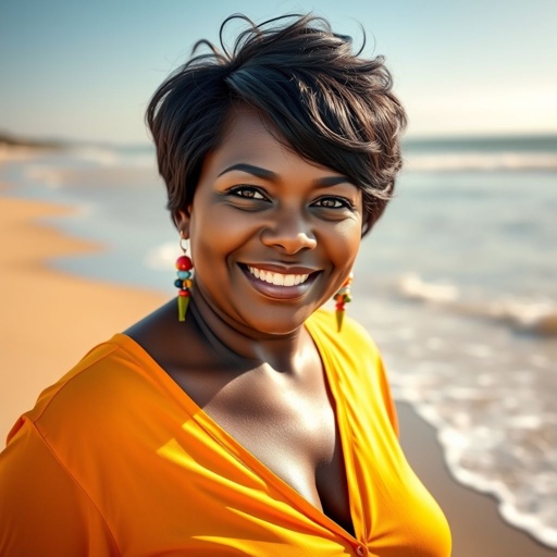 A mature African woman with rich black hair styled short, stands on a sunlit beach. Her hazel eyes sparkle with joy, framed by a warm smile. Dressed in vibrant, casual clothing, her curvy figure radiates confidence. Colorful earrings dangle gently, reflecting sunlight, while gentle waves lap softly at the shore.