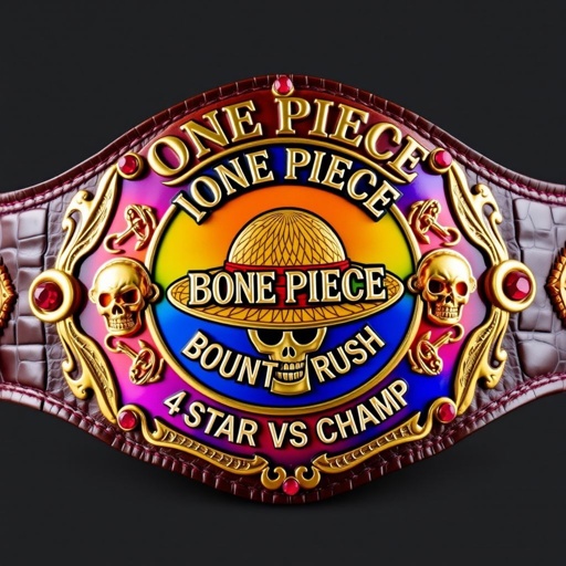 A luxurious wrestling belt crafted from alligator skin, adorned with a vibrant multicolor plate. Centered, a straw hat representing “One Piece.” Above, bold lettering reads “One Piece Bounty Rush.” Below, “4 Star VS Champ iFeedYouLead.” Intricate skull crests and symbols, accented with glimmering ruby gemstones, create a striking design.