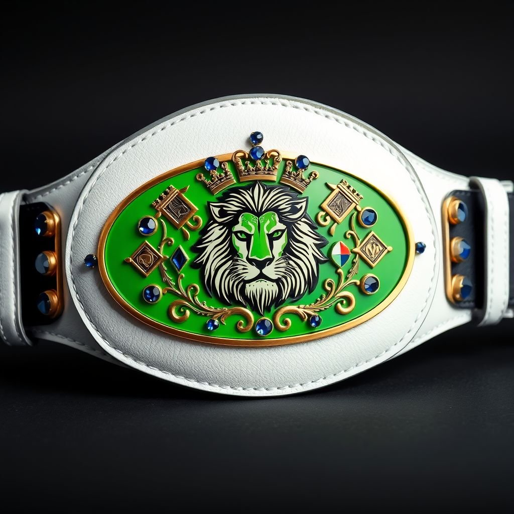 A wrestling belt of luxurious leather, adorned with a minimalistic oval plate in vivid green. The white strap contrasts elegantly, while a bold lion champion design commands attention. Surrounding the lion, vibrant sapphire gemstones twinkle. Shield crests and intricate symbols embellish the plate, encapsulating a surrealist art style in striking detail.