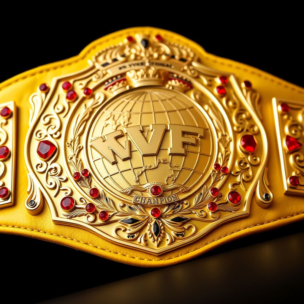 An exquisite wrestling belt, VWF Universal Ultimate Golden Sovereign Championship. An intricate golden plate, lavishly adorned with shimmering red diamonds. Delicate black and red engravings embellish the rich leather strap, a striking yellow hue. A unique plate shape features a globe champion design, crowned with majestic crests and symbols, exuding unyielding prestige.