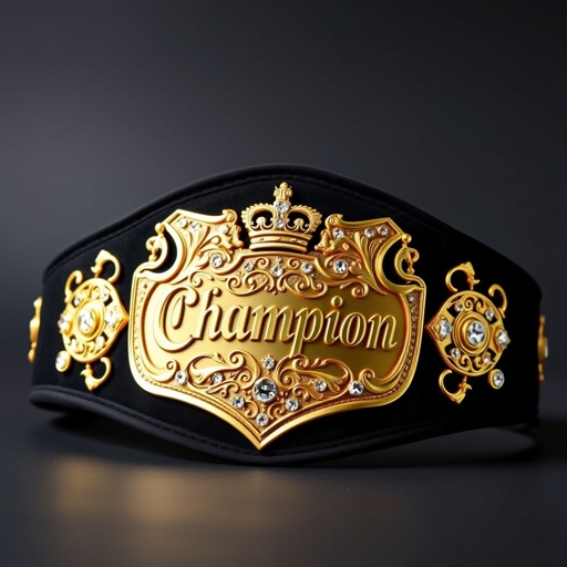 A luxurious wrestling belt, adorned with soft suede material, featuring a striking black strap. The classic shield-shaped plate, gleaming gold, showcases intricate designs. A bold "Champion" text engraved, surrounded by sparkling diamond gemstones. Adult size, embellished with royal crown crests and symbols, exuding an aura of prestige and victory.