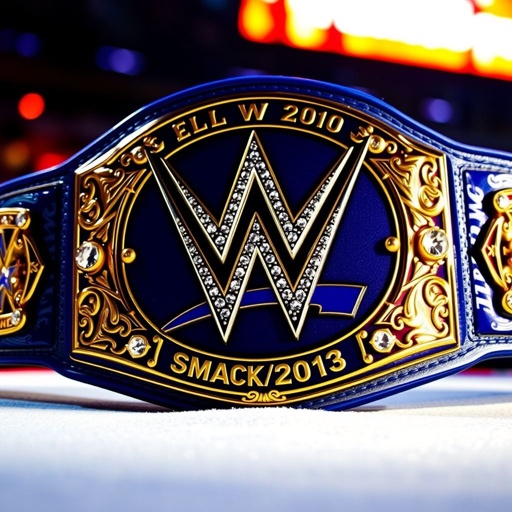A shimmering championship wrestling belt, deep blue leather base, adorned with intricate gold plates. The iconic WWE logo from 2002-2013 prominently displayed at the center, surrounded by stars and diamonds. The SmackDown! emblem, vibrant and bold, enhances the design. Textured fabric highlights, glimmering under bright arena lights, capturing the essence of victory.