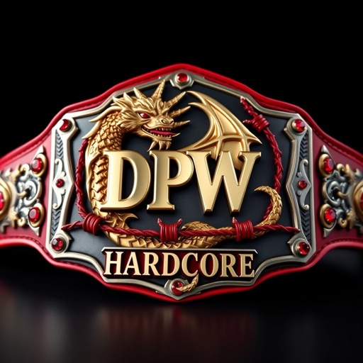 A gleaming wrestling belt, featuring a majestic gold dragon with piercing red eyes, entwined around menacing bloody barbed wire. Bold "DPW Hardcore" text emblazoned across a rugged metal base. Serrated plate edges with intricate gothic patterns, deep red strap contrasting sharply, adorned with shimmering ruby gemstones, embodying fierce artistry and bold rebellion.