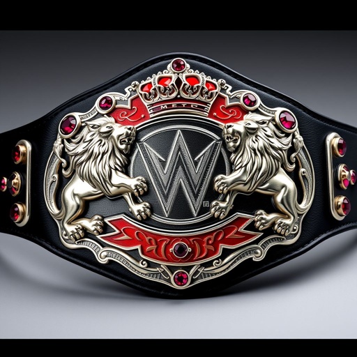 A magnificent wrestling belt exuding power and prestige, featuring an oval silver center plate adorned with regal lion motifs, intricately detailed. Rich red accents highlighting crowns above the dual lions. Black leather strap, smooth and sturdy. Dazzling ruby gemstones embedded, shimmering fiercely, symbolizing victory. Modern design, extra-large, a true champion’s emblem.