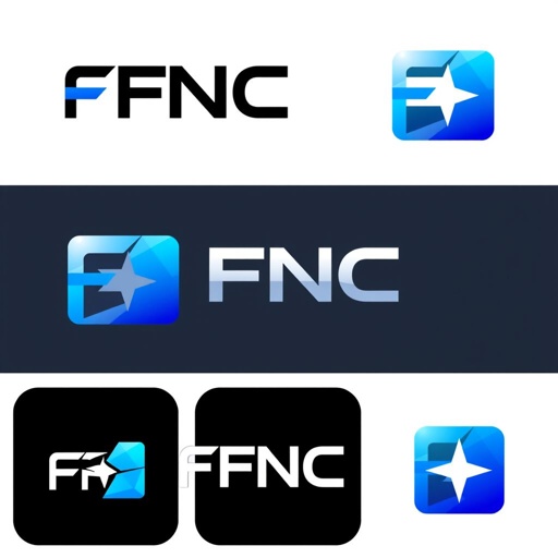 Logo composition, FNC branding, sleek design elements. Futuristic sans-serif text font, sharp edges, and dynamic angles. Modern color scheme, gradient blues and silvers, conveying innovation. Square logo shapes, balanced and symmetrical. Embedded star icon imagery, symbolizing excellence and ambition, radiating energy. Clean lines and geometric patterns, embodying forward-thinking aesthetics.