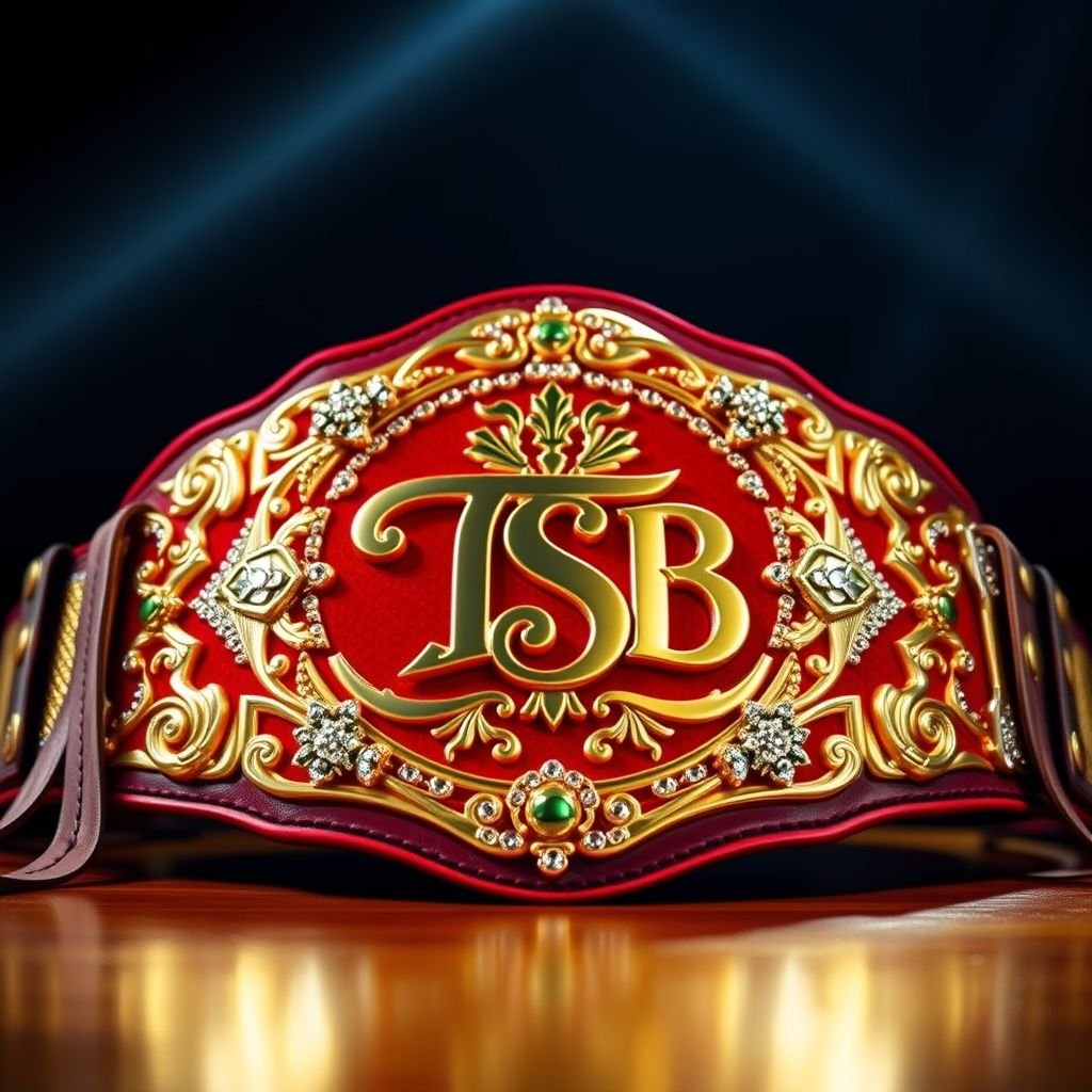 A gleaming golden wrestling belt, adorned with intricate silver embellishments, glistens in the spotlight. The center features a bold, stylized "TSB" emblem, surrounded by a rich red velvet background. Decorative leather straps cascade elegantly on either side, complementing the craftsmanship. A sense of power and prestige radiates from this championship piece.