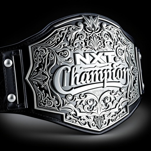 An impressive wrestling belt, symbolizing NXT and EVOLVE championship glory. Luxurious black leather strap, showcasing a rich texture. Intricate silver plate, ornate and bold, displaying a unique shape with intricate patterns. The word "Champion" embossed prominently, gleaming under lights. A striking blend of elegance and power, representing unparalleled achievement in wrestling.