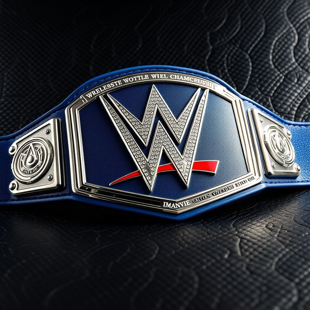 A dazzling WWE Universal Championship belt rests against a textured black leather backdrop. The intricate silver details glisten under soft lighting, accentuating the bold blue leather strap. Engraved logos showcase modern artistry, while polished metal plates reflect championship glory. A symbol of power and prestige, the belt embodies the spirit of wrestling.