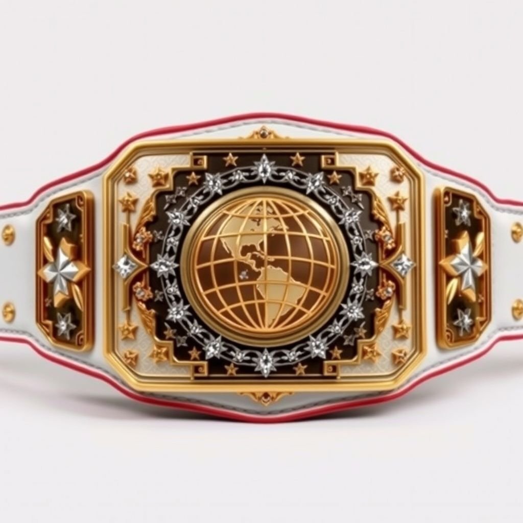 A grand wrestling belt, emblematic of the RTR Outercontinental Championship. Exquisite white leather strap complements a stunning rectangular gold plate. Intricate globe champion design at the center, surrounded by shimmering crystal gemstones. Bold star crests and symbols adorn the belt, showcasing modern artistry in realistic style, exuding prestige and power.