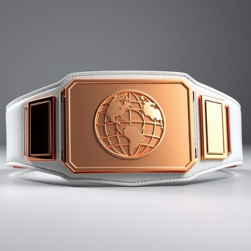 A prestigious wrestling belt, gleaming with a rose gold rectangular plate, held by a luxurious white leather strap. Modern aesthetics, smooth surfaces, intricately detailed globe champion design on the plate. The absence of gemstones emphasizes its bold elegance. Extra large size, perfect for distinguished champions, radiates an aura of victory and pride.