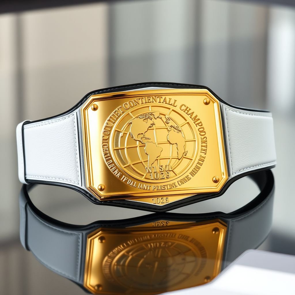 A gleaming outercontinental championship wrestling belt rests on a polished surface. Crafted with luxurious leather, its pristine white strap juxtaposes the bold gold rectangular plate. The globe champion design, intricately embossed, showcases excellence. The absence of gemstones and crests emphasizes simplicity, exuding power with an impressive extra-large presence, embodying sporting glory.