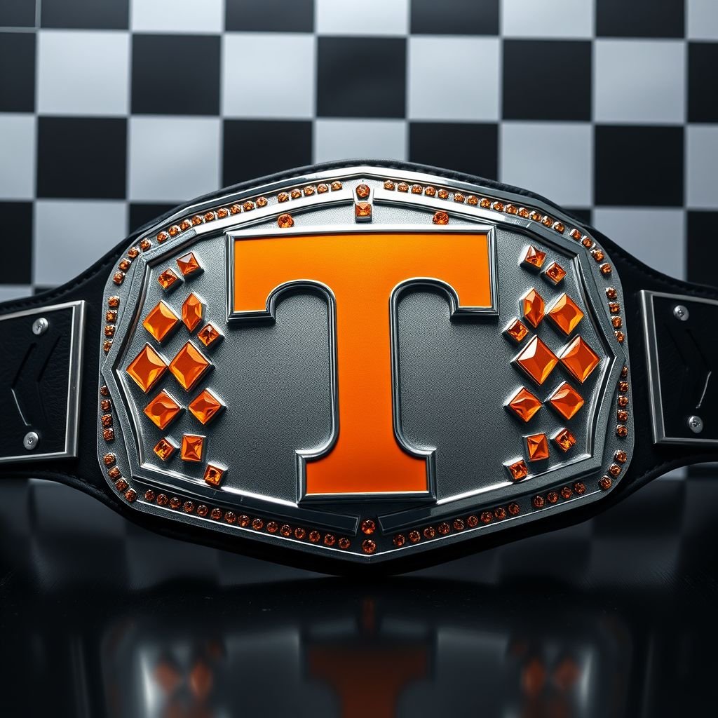 A championship wrestling belt showcasing a striking engraved checkerboard background. The centerpiece, a vibrant orange Tennessee Volunteers Power T logo, adorned with sparkling, bright orange diamonds and a sleek silver border. Stacked rectangular plates create depth, complemented by a bold black strap, all within a captivating cubist art style. Large, dominating presence.