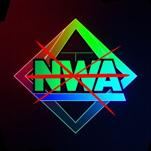 Bold geometric shapes intertwining, the iconic NWA lettering prominently displayed, crossed out with a vibrant red strike. An edgy, urban background accentuating the logo, layers of texture adding depth. Dominant RGB color scheme radiating energy—electric blue, striking green, deep red. Modern aesthetic blending street art influences with digital design elements.