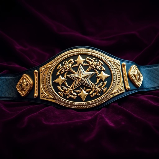 A championship wrestling belt resting on a deep velvet background. Sleek black strap accentuates shimmering gold plating. Intricate star crests embellishing the center, surrounded by symbolic designs representing strength and unity. The glossy surfaces catch the light, highlighting the craftsmanship. Fabric texture invites a tactile experience, evokes prestige and competition.
