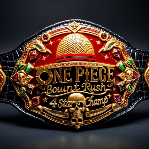 A luxurious wrestling belt, alligator skin texture, gleaming gold accents. In the center, a whimsical straw hat from “One Piece.” Above, bold lettering: “One Piece Bounty Rush.” Below, intricate script: “4 Star VS Champ iFeedYouLead.” Surrounding, multicolored star-shaped plates, adorned with ruby gemstones and surrealist skull crests. Monumental size.