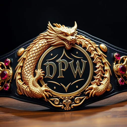 A wrestling belt featuring a majestic gold dragon, intricately designed with fearsome scales. The DPW logo prominently displayed on a bold, black engraved plate. The metal gleams under dim lights, gothic art style enhancing its allure. Decorative ruby gemstones glisten at each corner, completing this adult-sized masterpiece of championship glory.