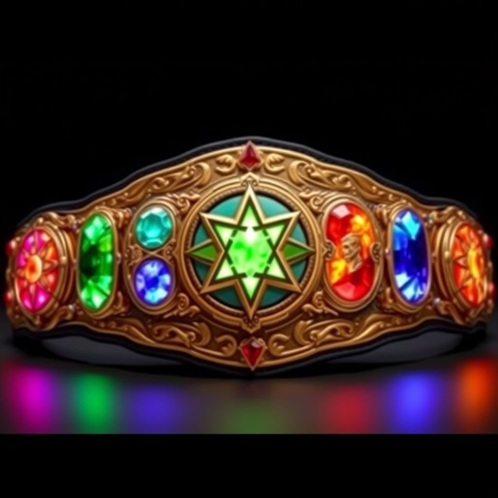 A dazzling wrestling belt titled "Infinity Title," inspired by the Infinity Gauntlet. Rich, metallic gold base with intricate etchings. Five vibrant side plates, each housing a glowing gemstone: mind, power, space, time, and soul. An imposing black leather strap, adorned with shimmering accents. Emblems of lucha libre and cosmic elements entwined.