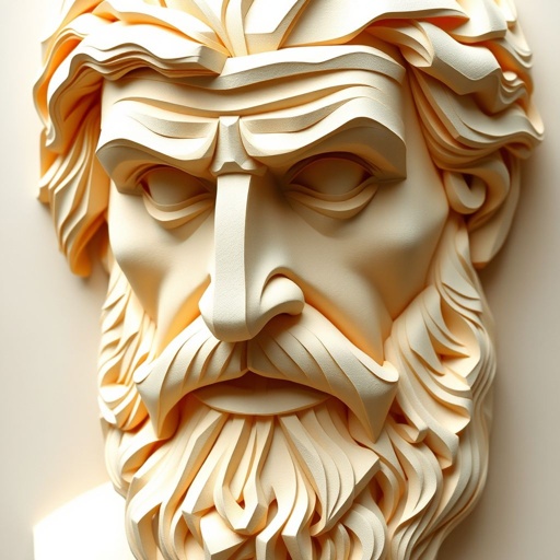 Intricate papercraft sculpture of Socrates' visage, meticulously crafted from high-quality cardstock. Each fold reveals sharp angles and delicate contours, emphasizing deep-set eyes and furrowed brow. Lifesize representation, capturing the philosopher's wisdom and contemplative demeanor. Vibrant colors juxtaposed with textured layers, showcasing extreme complexity and artistic craftsmanship in every detail.
