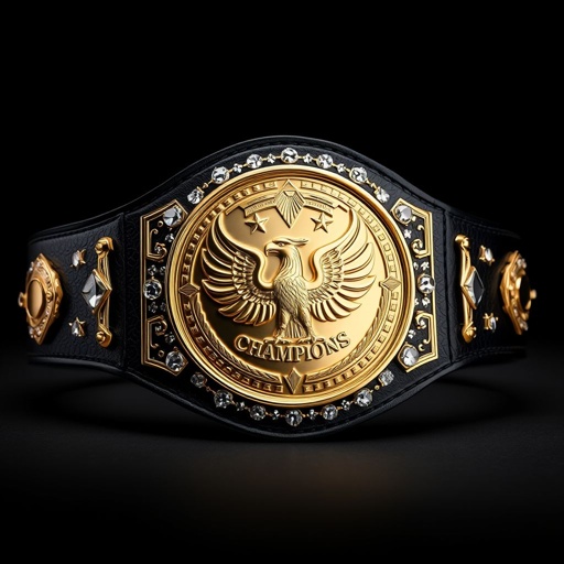 A wrestling belt adorned as the RTR Champion. Crafted from luxurious leather, the strap boasts a sleek black hue. A prominent circular plate glistens in gold, featuring an intricately engraved eagle champion design. Sparkling diamond gemstones embellish the edges, creating a stunning, extra-large masterpiece, devoid of symbols or crests.