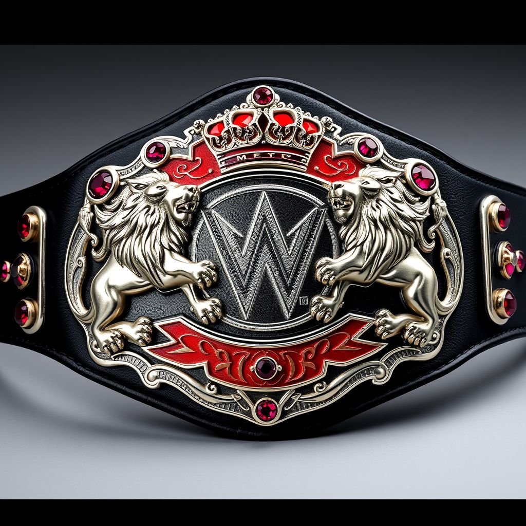 A magnificent wrestling belt exuding power and prestige, featuring an oval silver center plate adorned with regal lion motifs, intricately detailed. Rich red accents highlighting crowns above the dual lions. Black leather strap, smooth and sturdy. Dazzling ruby gemstones embedded, shimmering fiercely, symbolizing victory. Modern design, extra-large, a true champion’s emblem.