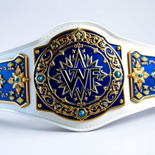 A magnificent wrestling belt, VWF Universal World Championship, luxurious white leather strap. Grand blue metal centerpiece adorned with ornate engravings, radiant gold inlays. Three navy blue side plates on each side, embellished with intricate designs. Fields of white stars and multicolored gems—blue, red, yellow—shining brightly. A symbol of triumph, legacy, prestige.