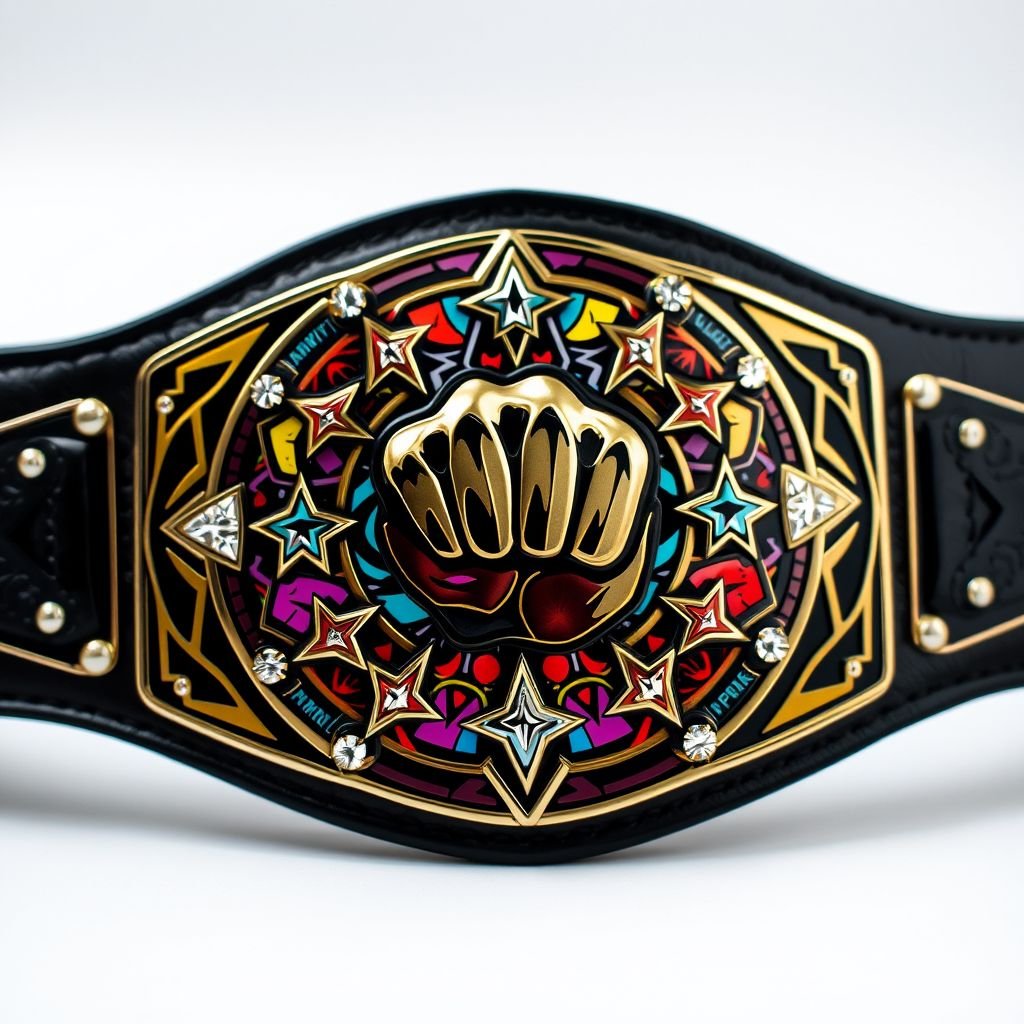 A wrestling belt featuring a sleek black leather strap, adorned with a striking diamond plate centerpiece. Multicolored abstract art patterns interweave across the plate, enhancing its edgy design. A bold fist champions the center, framed by vibrant star crests and intricate symbols, twinkling diamond gemstones embedded within the motifs. Medium-sized elegance.