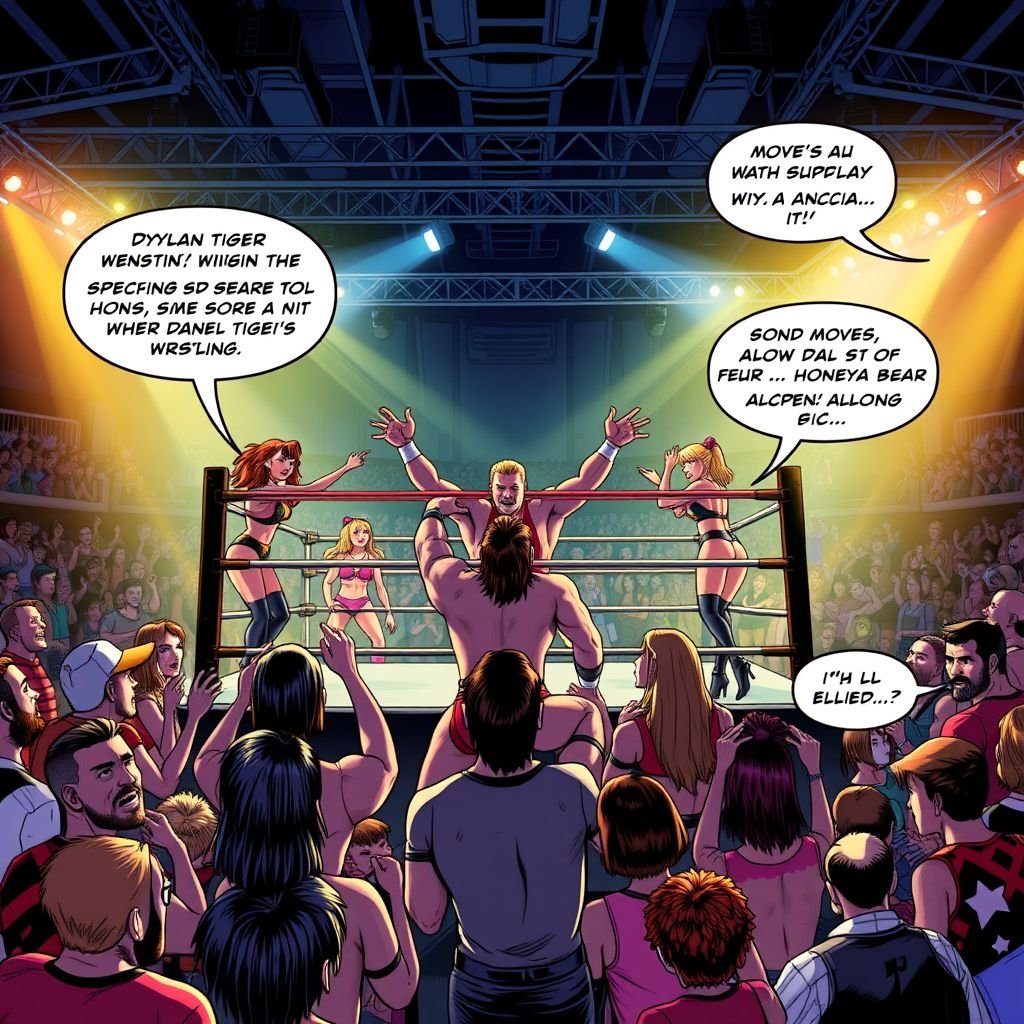 An electrifying wrestling crossover event unfolds, featuring PWPW knockouts—Dylan Beekler, Bissy Bear, Ginger and Honey Bear, alongside AJ Lee and the Bella Twins—versus Daniel Tiger Wrestling icons. Vivid comic book panels highlight spectacular suplex moves, set within a vibrant backyard arena adorned with cheering fans and dramatic theatrical lighting.