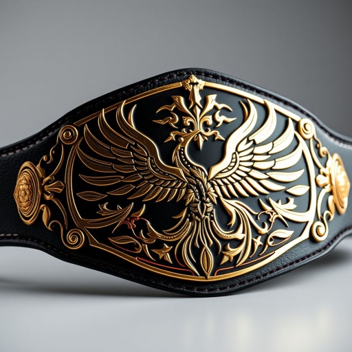 A light heavyweight championship belt featuring a rich black leather strap. Classic plate design, elegant, intricate shapes adorned with shimmering gold. Abstract art style embellishes the surface, with stylized phoenix crests rising majestically, symbolizing strength and rebirth. Bold lines, vivid contrasts create a striking visual, embodying the essence of victory.