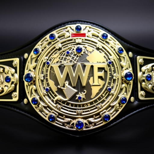 A prestigious wrestling belt, the VWF Transcontinental Championship, showcases a dazzling silver and blue metal title adorned with intricate globe and continent motifs. A luxurious black leather strap cradles a large circular plate, gleaming silver adorned with sapphire gemstones. Shield crests and symbols elegantly enhance the classic design, embodying champion prestige.