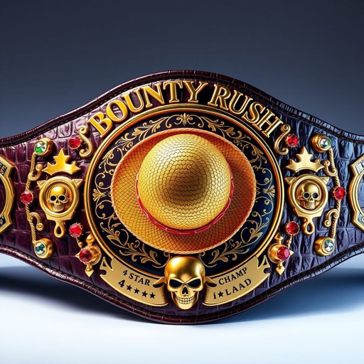 A regal wrestling belt, alligator skin texture gleaming in the light, encircles a vibrant straw hat at the center. The words "One Piece Bounty Rush" arching in bold above, while "4 Star VS Champ iFeedYouLead" aligns below. Luxury gold plates adorned with multicolored hues, star-shaped accents, and dazzling ruby gemstones. Skull crests and symbols embellishing the design. A masterpiece of realism and prestige.