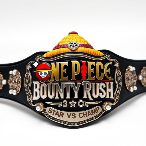 A wrestling belt centered around a vibrant straw hat inspired by “One Piece.” Above the hat, bold letters proclaim “One Piece Bounty Rush.” Below, elegant lettering reads “3 Star VS Champ iFeedYouLead.” A glossy black strap, luxurious vinyl texture, silver engraved plates, intricate star crests, and sparkling pearl gemstones complete the championship aesthetic.