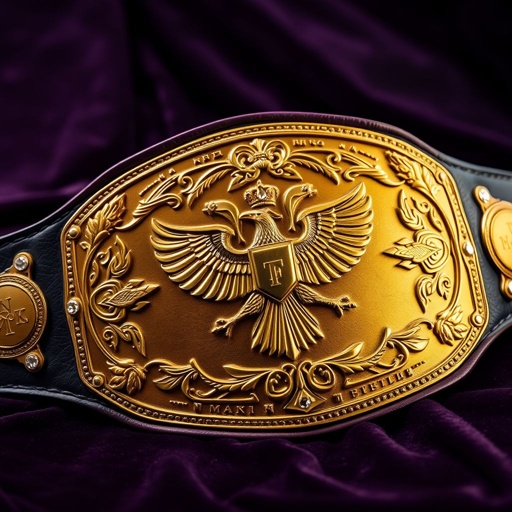 Wrestling belt resting on a dark velvet surface, dark purple leather strap elegantly curved, large main plate gleaming in deeper gold hues. Intricate eagle and laurel motifs embossed, diamond gemstones sparkling under soft light. Vintage plate design showcases craftsmanship, crown crests and symbols etched along the edges, grand and imposing presence.