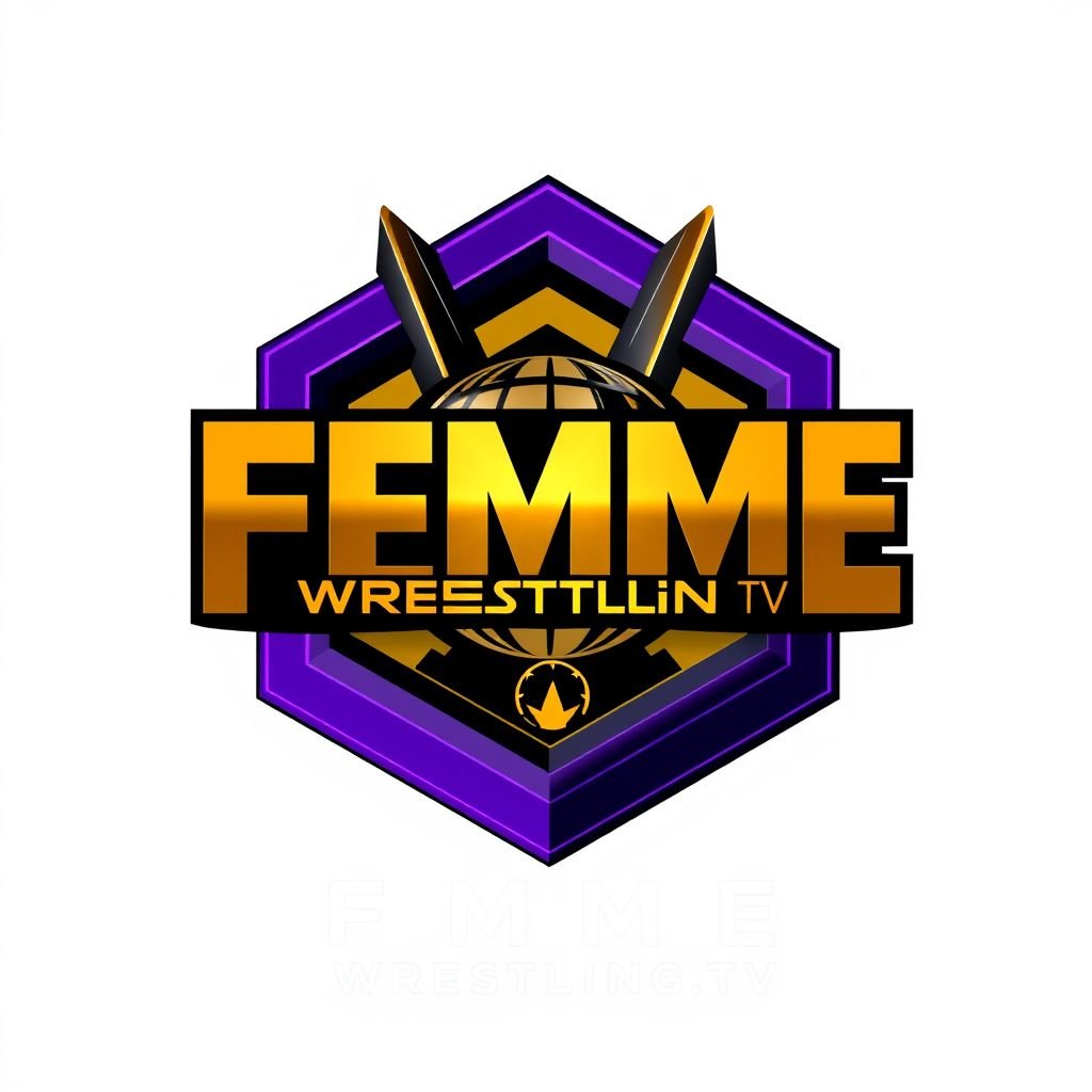 Logo design for FEMME Wrestling TV featuring a bold, modern emblem. Hexagonal shapes intertwine, forming a dynamic silhouette. A vibrant color palette of purple, gold, and black enhances visual impact. 3D design elements create depth, while a globe icon subtly integrates, symbolizing global reach and empowerment within the media industry.