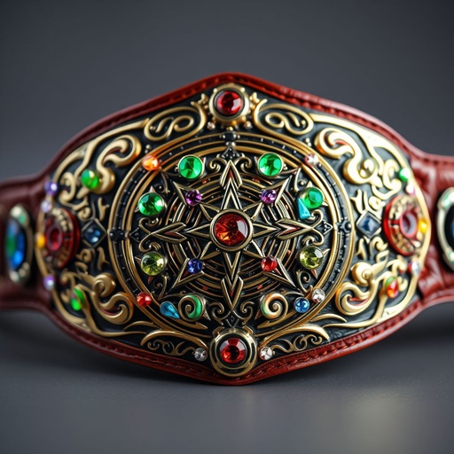 A gleaming, ornate championship belt, intricately crafted with luminous gemstones and swirling cosmic patterns. Detailed engravings of iconic symbols from various universes, showcasing strength, honor, and unity. The leather strap, rich and textured, reflects the vibrant colors of different realms, embodying diverse characters. A stunning centerpiece of interdimensional prestige and competition.
