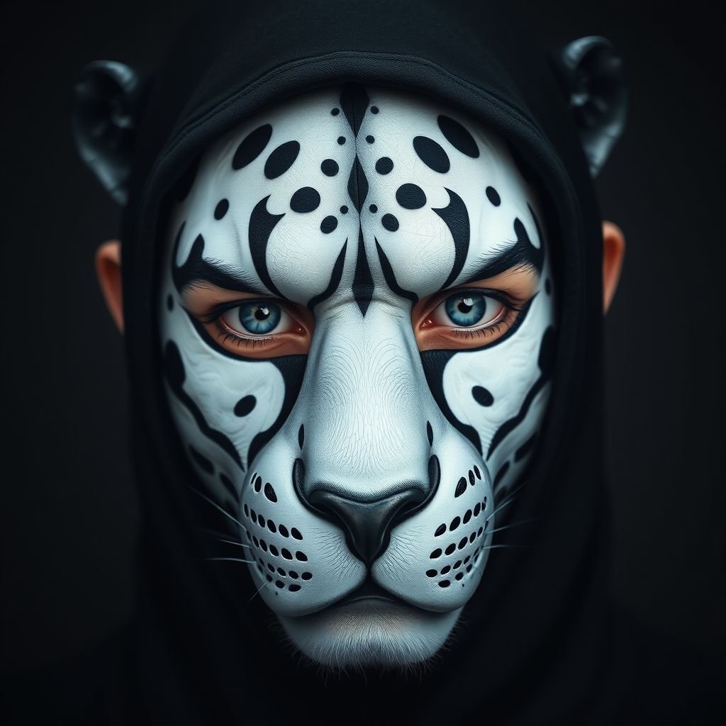 A mysterious individual adorned in a beautifully crafted snow panther mask. Striking blue eyes peek through round eye openings, accentuated by a smooth Greek nose. A neutral mouth expression rests beneath the intricate mask. Featuring small ears, light skin tones, and a bald head, the sleek black hair blends seamlessly. A foldable mask completes the enigmatic appearance.